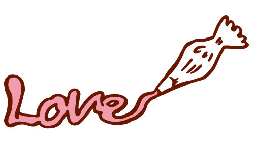 ピンク色のホイップクリームで描いた「LOVE」のタイトル文字のイラスト