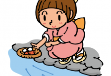 流し雛を川に流す女の子の可愛いイラスト。ひな祭りのデザインに。