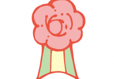 ピンクの花のリボン記章のイラスト。入学式のお祝いのデザイン。