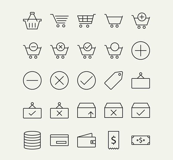 フリー素材 ショッピングカートやプライスタグなどecサイト向けの極細アウトラインアイコンセット