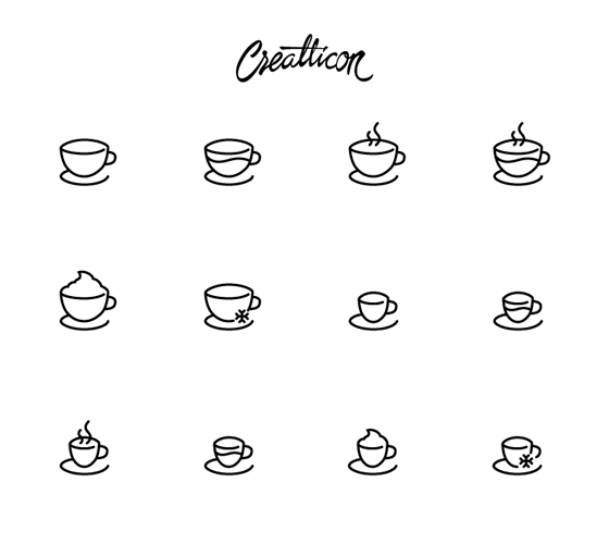 コーヒーショップがテーマのベクターアイコンセット。カプチーノやエスプレッソにアイスコーヒーなど。