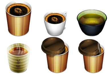 お茶がテーマのリアルなイラストアイコンセット。コーヒーや日本茶など。