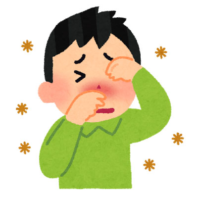痒い目と鼻を辛そうにこする花粉症の男性のイラスト