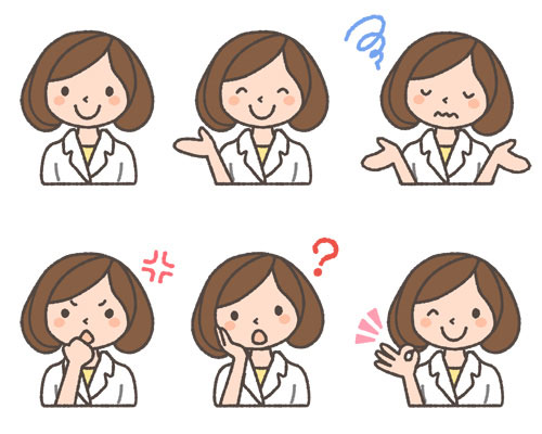 フリー素材 若い女性の薬剤師さんの可愛いイラスト 6つの表情セット