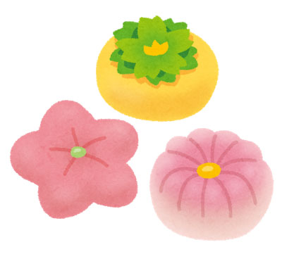 無料素材 花や果物をかたどった和菓子の練り切りのイラスト
