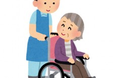 お婆さんの車椅子を押すエプロン姿のヘルパーさんのイラスト