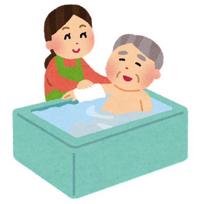 フリー素材 | おじいさんの入浴介助をする女性介護士さんのイラスト