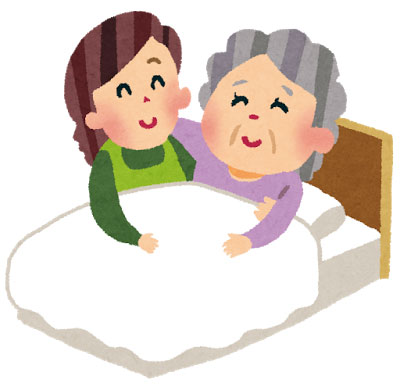 無料素材 ベッドに寝るおばあちゃんを支える介護士さんのイラスト