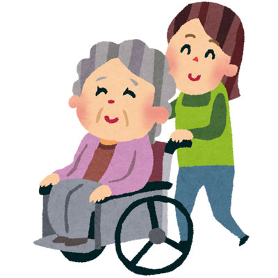 無料素材 介護士さんと車椅子に乗ったおばあちゃんの優しいイラスト