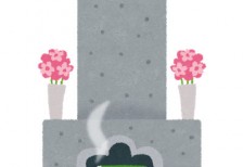 花とお線香がお供えしてあるお墓の墓石のイラスト
