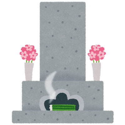 フリー素材 花とお線香がお供えしてあるお墓の墓石のイラスト