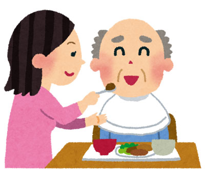 フリー素材 おじいさんに食事介助をしているヘルパーさんのイラスト