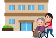ケアハウスや老人ホームに車椅子で行くおばあちゃんのイラスト