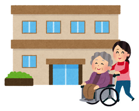 フリー素材 ケアハウスや老人ホームに車椅子で行くおばあちゃんのイラスト