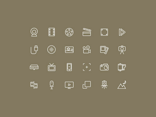 映像機器がテーマのアイコンセット。Webカメラや映画のカチンコなど。