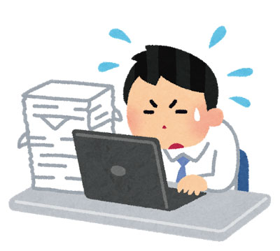 山積みの書類を処理するサラリーマンのイラスト