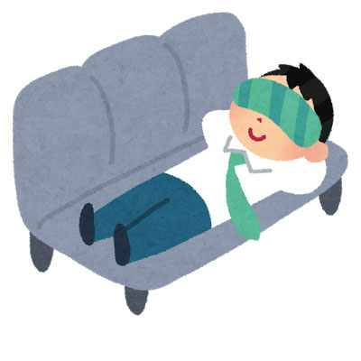 無料素材 会社のソファーに寝そべって仮眠をとる男性サラリーマン