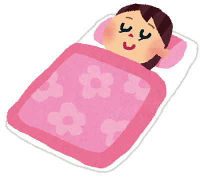 花がらのピンクの布団でぐっすり眠る女の子のイラスト