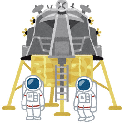 アポロ計画の月面着陸を描いたイラスト。宇宙船や宇宙飛行士。