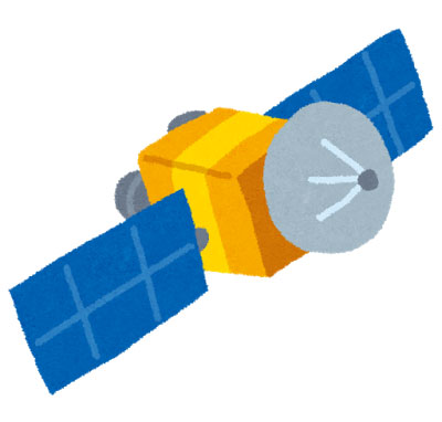 青とオレンジの人工衛星を描いたイラスト。宇宙のデザインに。