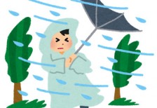 暴風雨で傘がひっくり返った人のイラスト。台風や自然災害のデザインに。