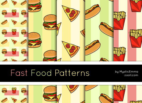ハンバーガーやポテトにピザなどファストフードのイラストパターンセット