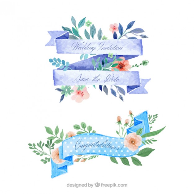 花とリボンを水彩画風に描いた結婚式のメッセージテンプレート